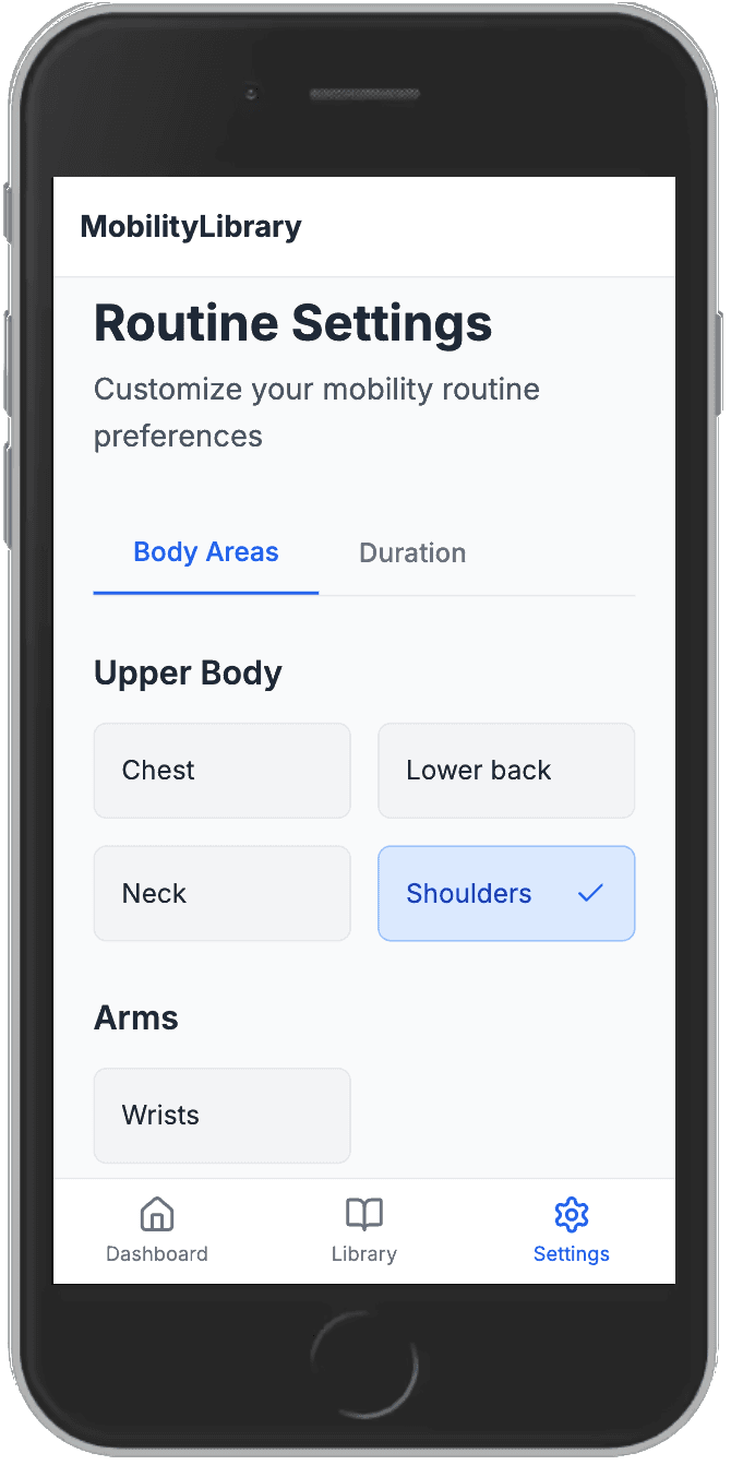 Settings screen depicting the selection of target body areas